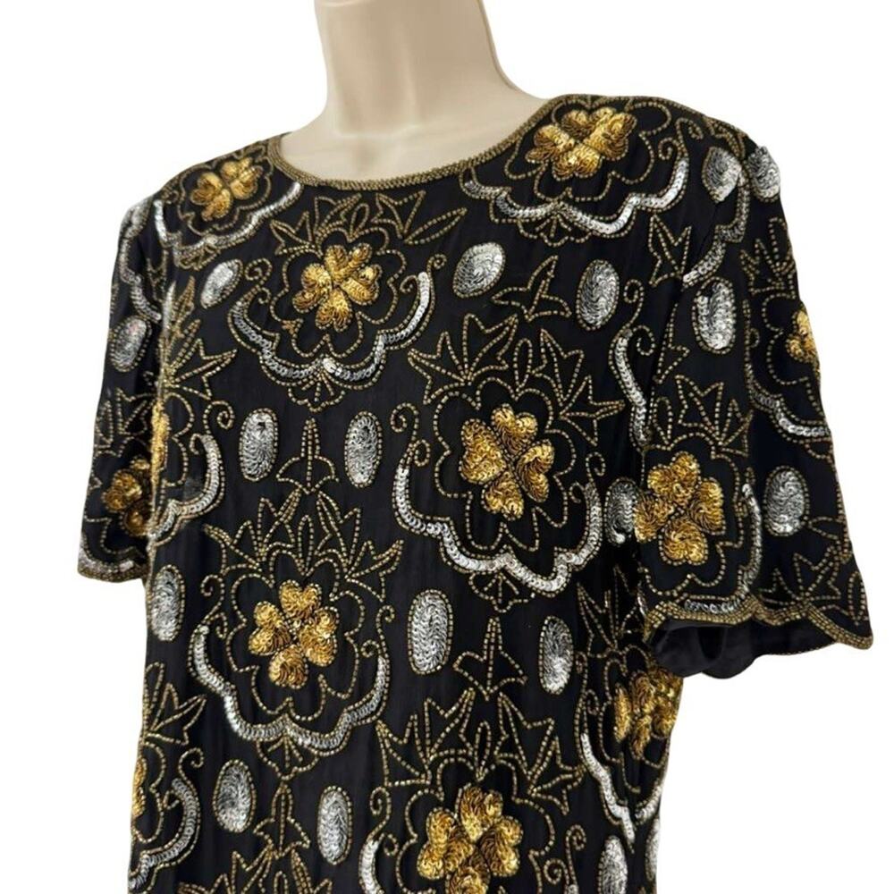 Adrianna Papell Evening Vintage Gold Silver Beaded Knee Length Formal Dress 12 - Picture 2 of 16